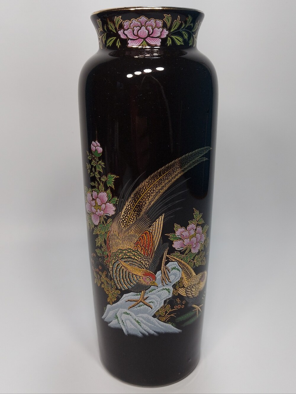 Mito Japan Black Ceramic Vase Golden Pheasant & Pink Peonies Vintage 1980s
